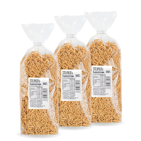 Drei Packungen STEINER´s Low Carb High Protein Suppennudeln.