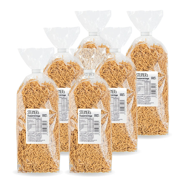Sechs Packungen STEINER´s Low Carb High Protein Suppennudeln.