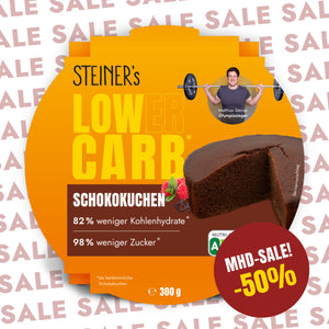 1 Verpackung Low Carb Schokokuchen auf weißem Hintergrund mit dem Schriftzug "Sale -50%"