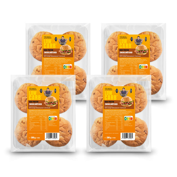 Vier Packungen STEINERs Low Carb Zwiebelbrötchen. Es sind vier Brötchen in einer Packung.